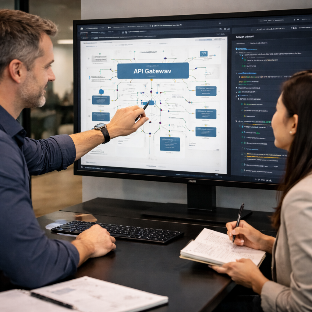 Product owner and architect reviewing API contracts and system architecture.